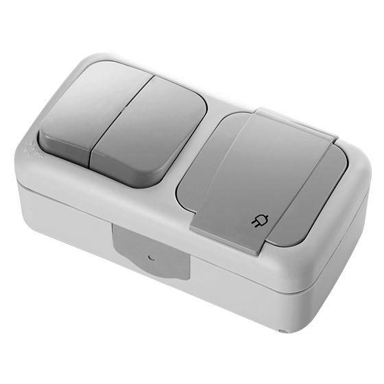 Viko Palmiye (ОУ) IP54 серый Блок (гориз.) Выкл. 2кл.+Розетка (з) с крышкой (90555582) 10/60